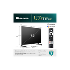 شاشة Hisense 75U7Q من هايـسنس تعتبر من شاشات Mini-LED الموجهة للألعاب والأفلام مع توازن جيد بين السعر والمواصفات. تأتي بحجم 75 بوصة وتصميم نحيف جدًا مع حواف صغيرة تعطي تجربة مشاهدة واسعة