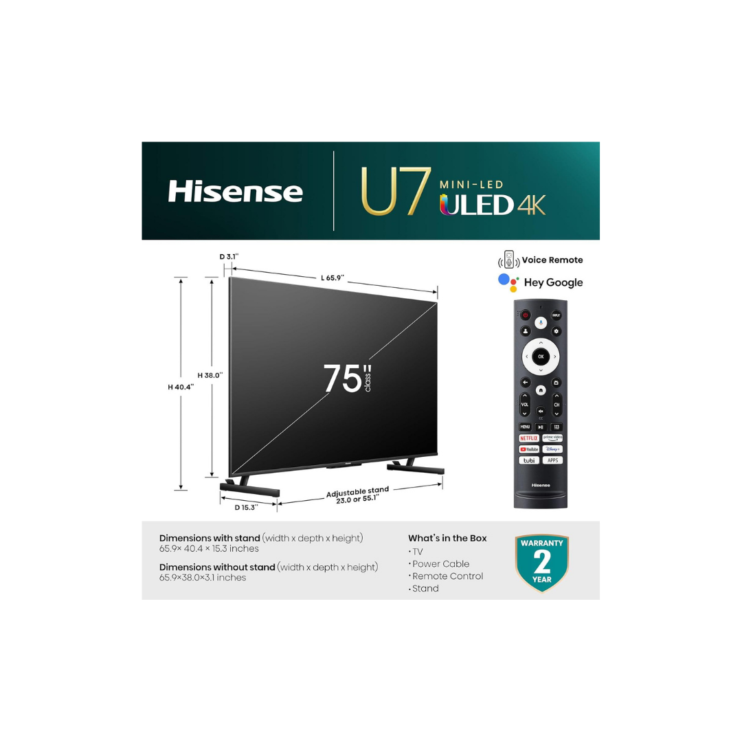 شاشة Hisense 75U7Q من هايـسنس تعتبر من شاشات Mini-LED الموجهة للألعاب والأفلام مع توازن جيد بين السعر والمواصفات. تأتي بحجم 75 بوصة وتصميم نحيف جدًا مع حواف صغيرة تعطي تجربة مشاهدة واسعة