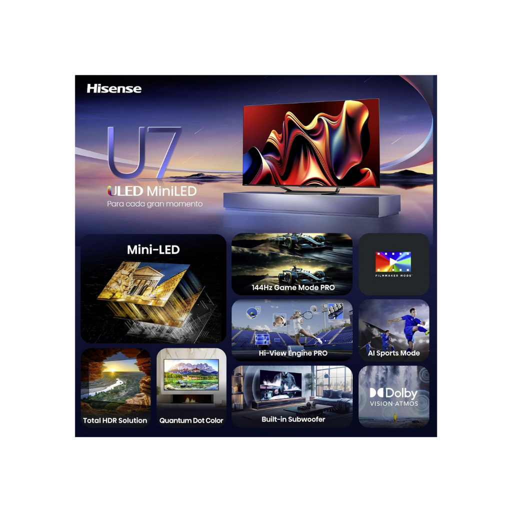 شاشة هايسنس U7N Mini LED سمارت – 4K UHD (QLED / 120Hz / Dolby Vision / Dolby Atmos)