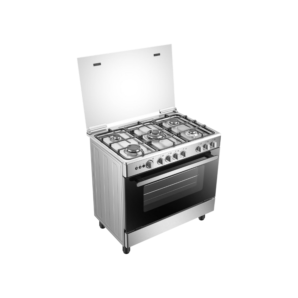 طباخ غاز هايسنس HFG90335RX 90×60 – Gas Cooker / Cast Iron / إشعال يدوي مزدوج / Rotisserie / Fan 90