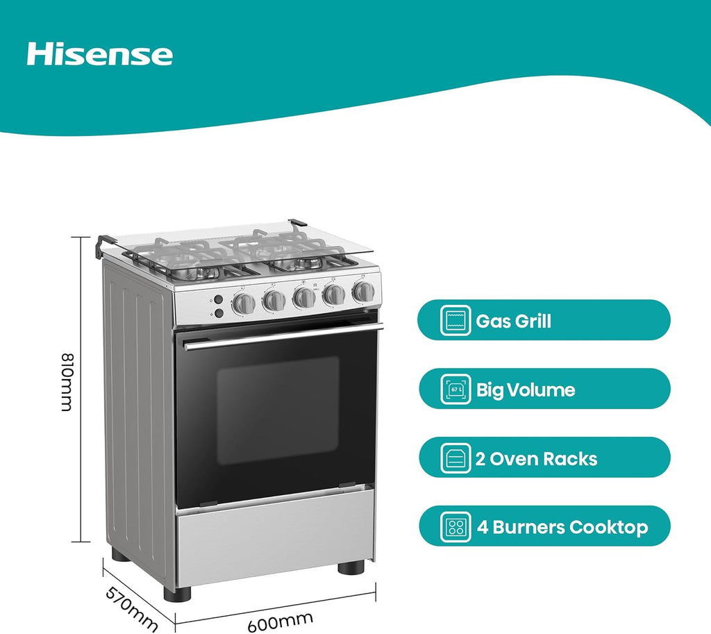 طباخ غاز هايسنس HFG60121X 60×60 – Gas Cooker / Cast Iron / إشعال يدوي مزدوج
