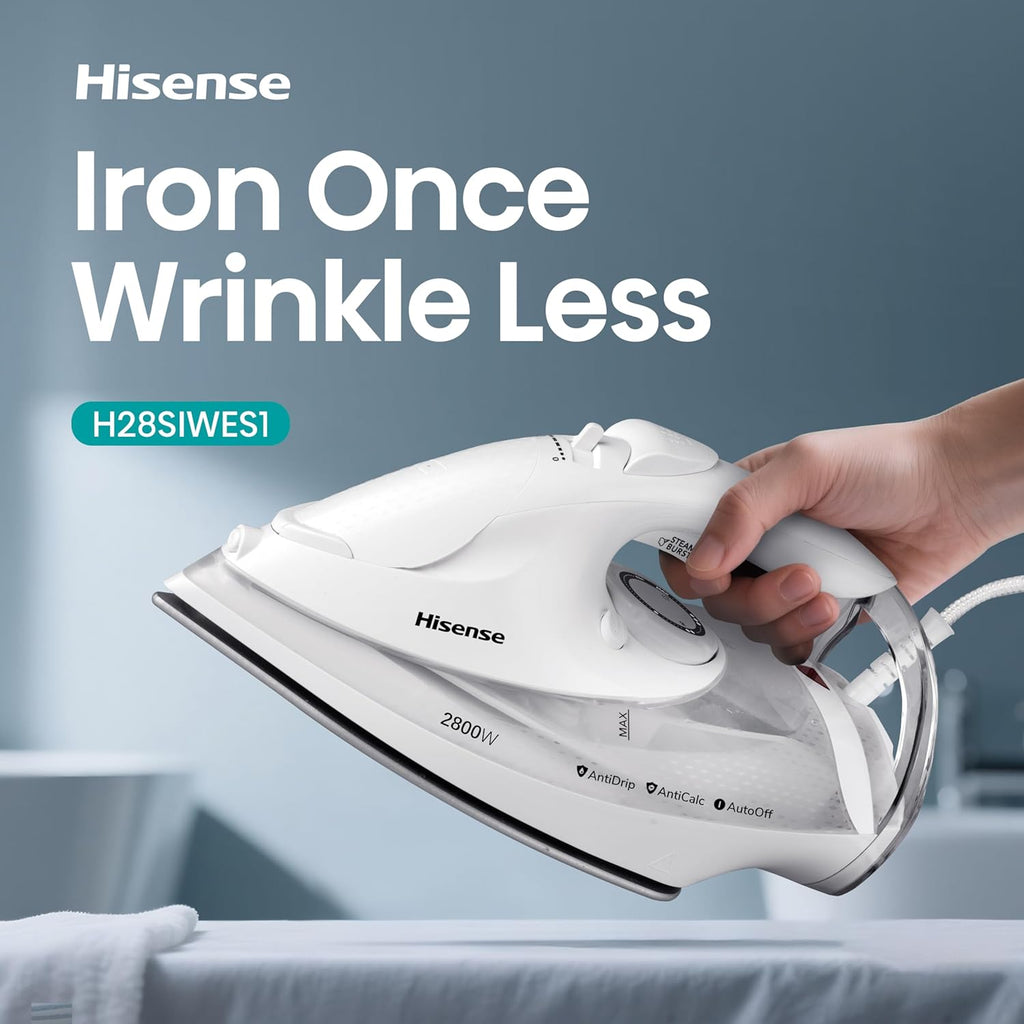 مكواة بخار هايسنس H28SIWES1 – 2800 W مع Anti‑Calc + Anti‑Drip + Auto Shut‑off + نعل سيراميك + Self‑Clean