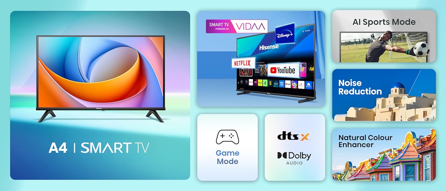 تلفزيون Hisense 32A4Q  تلفزيون ذكي بحجم 32 إنج من شركة Hisense، مناسب للغرف الصغيرة والمكاتب، ويشتغل بنظام VIDAA Smart TV مع دعم التطبيقات والواي فاي. يتميز بصورة HD وصوت Dolby Audio مع وضع ألعاب لتقليل التأخير أثناء اللعب.