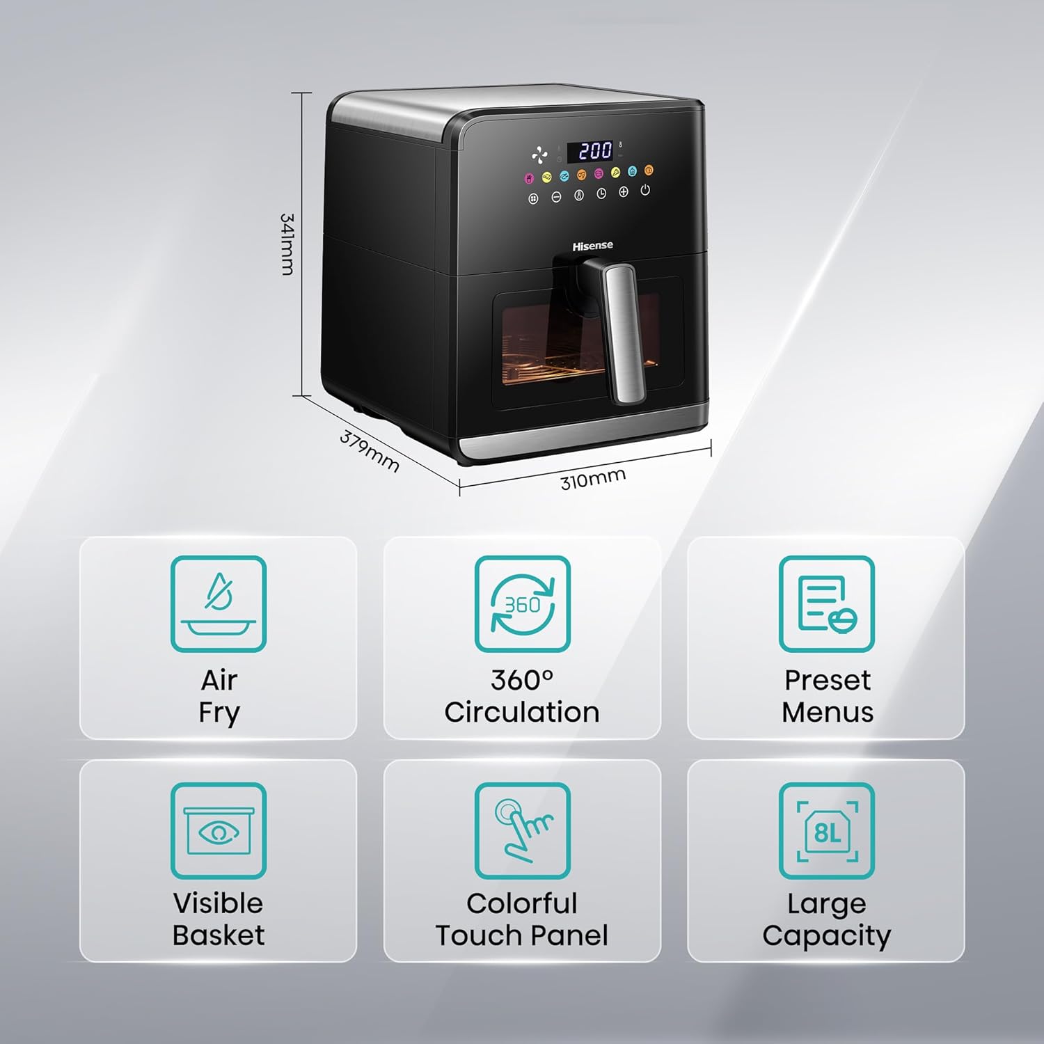 قلاية هوائية هايسنس H09AFBKS4S Black – Touch Control / 360° Air Circulation / نافذة شفافة / سعة 8 لتر