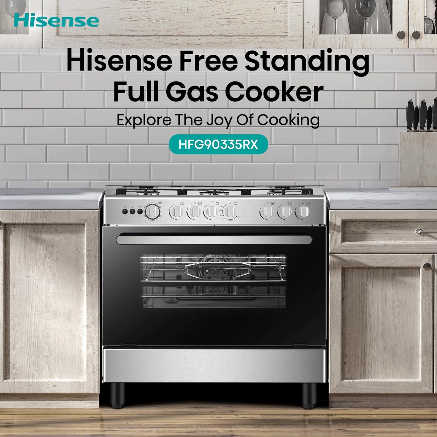 طباخ غاز هايسنس HFG90335RX 90×60 – Gas Cooker / Cast Iron / إشعال يدوي مزدوج / Rotisserie / Fan 90